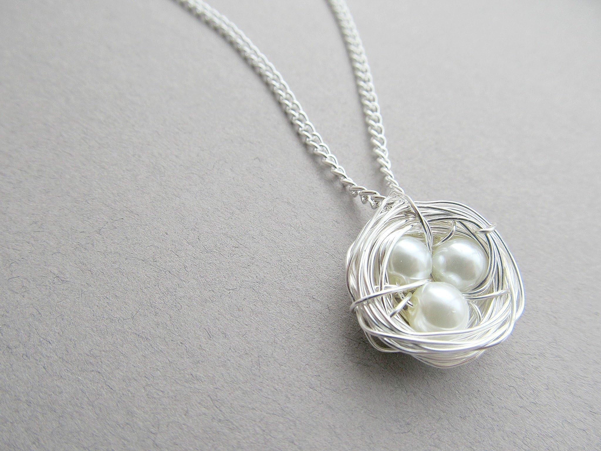 Wire Wrapped Birds Nest Necklace, with eggs, custom necklace, gifts for mom, silver, white pearl, personalized necklace, personalized jewelry, Christmas gifts