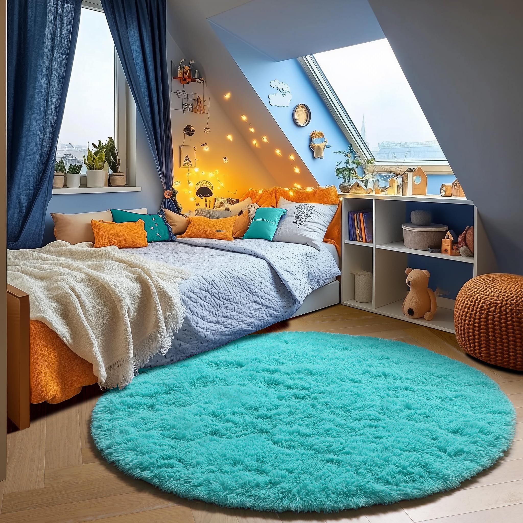 ONASAR Blue Round Area Rug 4ft, Soft Bedroom Circle
