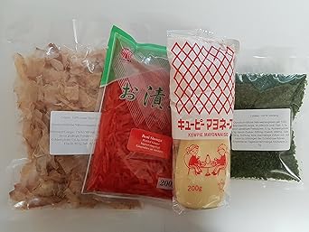 Yakisoba, Takoyaki, Okonomiyaki Zutaten: Katsuobushi (100%) Bonito Flocken, Benishoga, japanische Mayonnaise QP Kewpie, Aonor