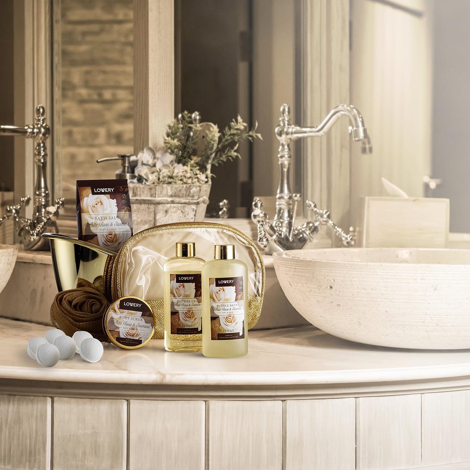 Home Spa Gift Basket, Luxury 13 Piece Bath & Body Set For Men & Women, White Rose & Jasmine Fragrance with Shower Gel, Bubble Bath, Body Scrub, Bath Salts, 6 Bath Bombs, Pouf, Cosmetic Bag & Gold Tub : Beauty
