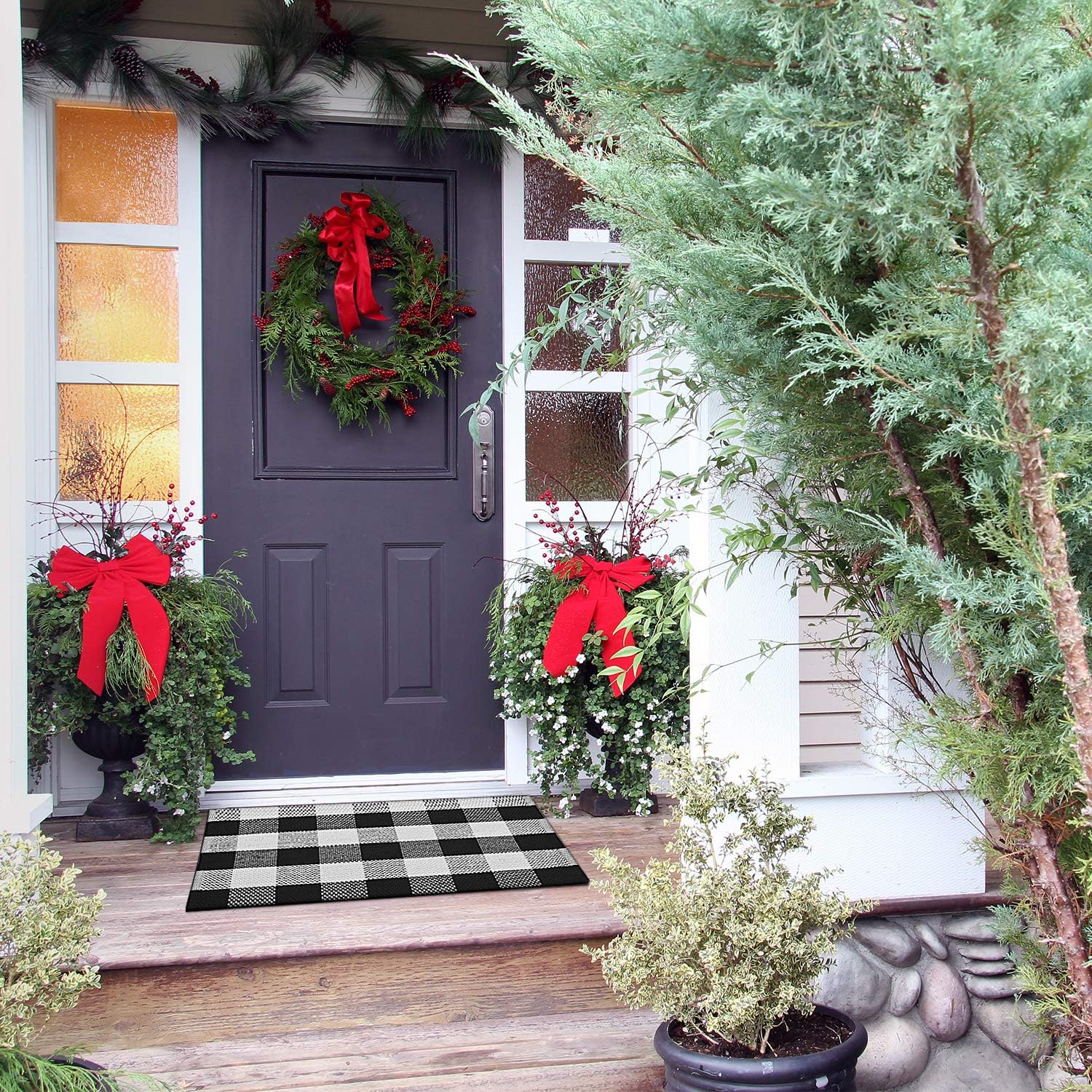 Inkesky Cotton Black and White Buffalo Plaid Check Outdoor Rug - Christmas Rugs - 23.6 x 35.4 Inch (2x3 Foot) - Woven Washable - for Layered Welcome Door Mat Hallway/Porch/Kitchen/Farmhouse Decor