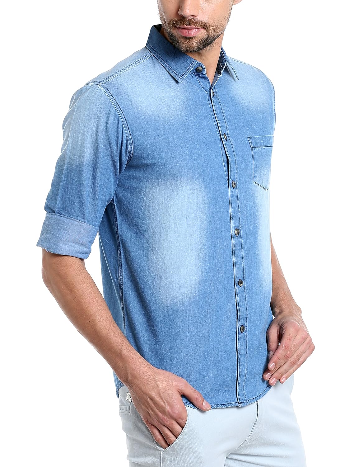 dennis lingo men's denim light blue solid casual shirt