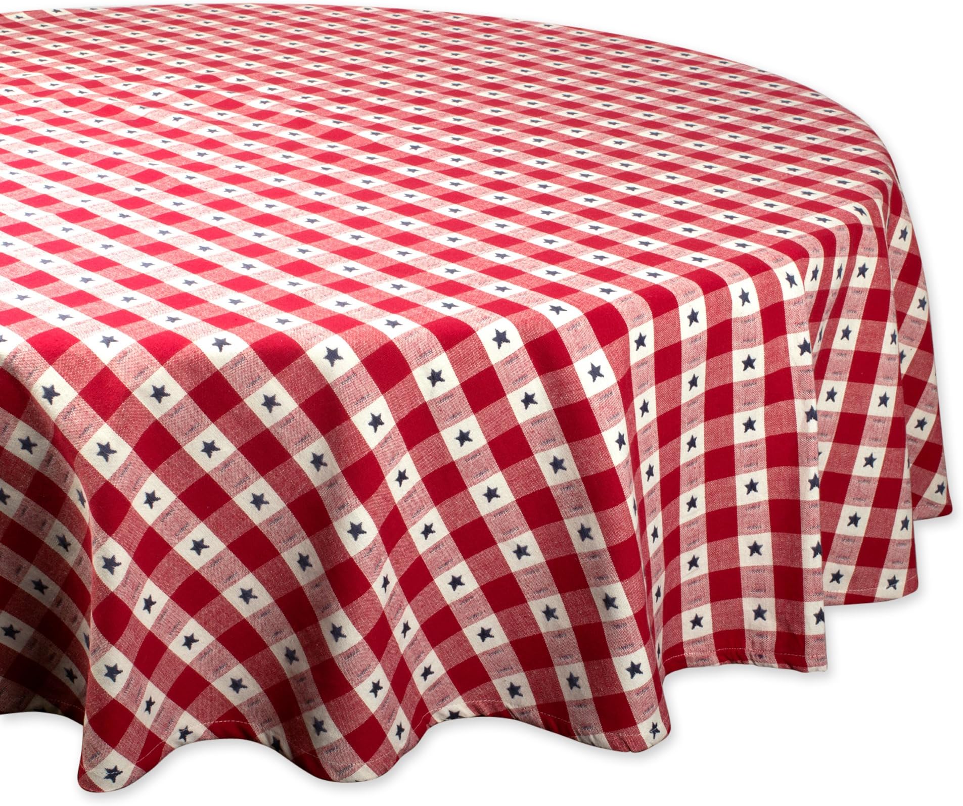 DII Patriotic Stars Check Tabletop Collection for 4th of July Entertaining, Summer Barbeques, Picnics, Indoor/Outdoor Meals, Tablecloth, 70" Round