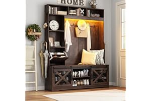 CHARTUSTRIABLE 75''H LED Farmhouse Hall Tree with Bench and Shoe Storage,Entryway Bench with Coat Rack,16 Shoe Cubbies & Umbrella Holder and Sock Storage Drawer,Mudroom/Hallway Storages Cabinet(Brown)