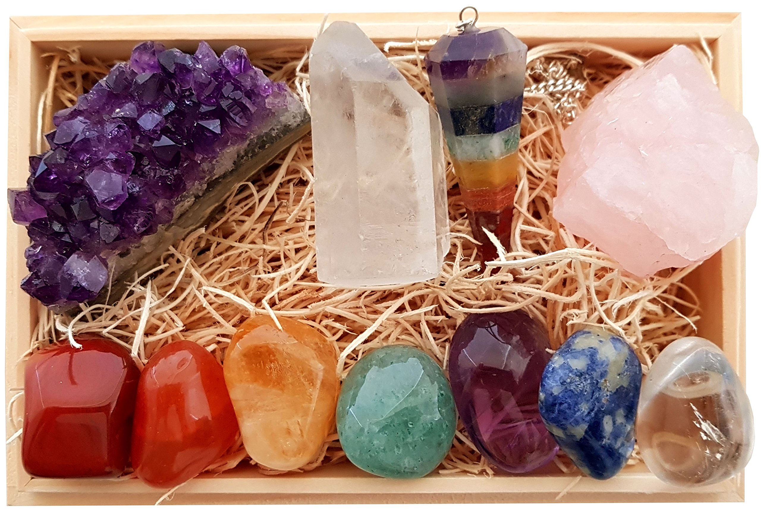 Premium Healing Crystals Gift Kit In Wooden Box 7 Chakra Set Tumbled 
