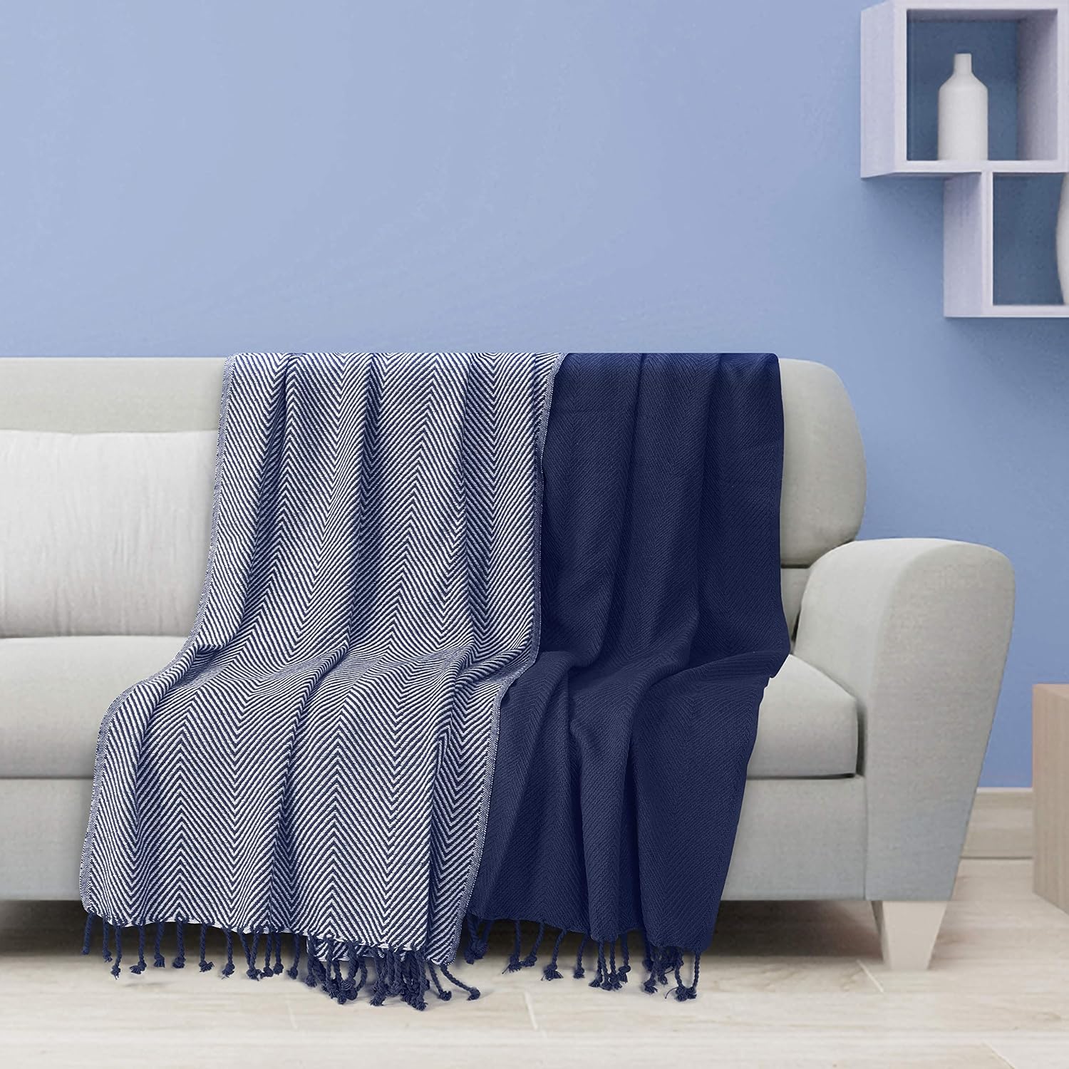 EHC Luxury Throws for Sofa Cover Couch Blanket Pack of 2, Navy Blue Throw -125x150cm, Small Single - Image 3