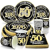 algpty 50th Birthday Decorations Black and Gold, Service for 30, Vintage 50th Birthday Party Supplies Includes Black Vintage 1976 Plates, Napkins, Cups 50th Birthday Plates and Napkins for Men Women