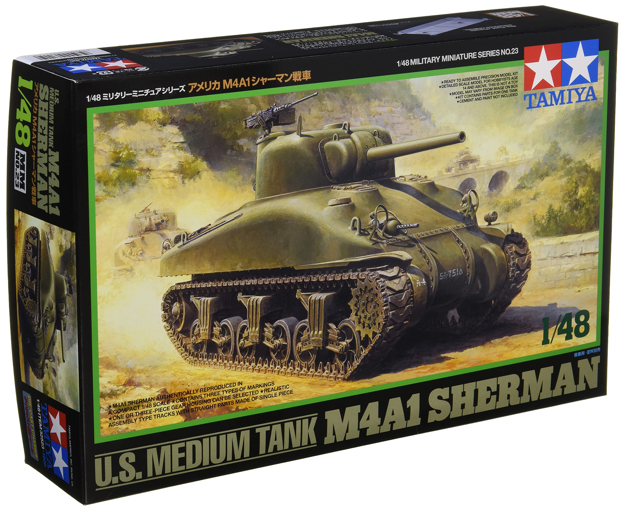 TAMIYA 32523 1:48 US Tank Sherman M4A1 Früh.A. Model Kit, Plastic Kit, Assembly Kit, Detailed Replica, Multicoloured