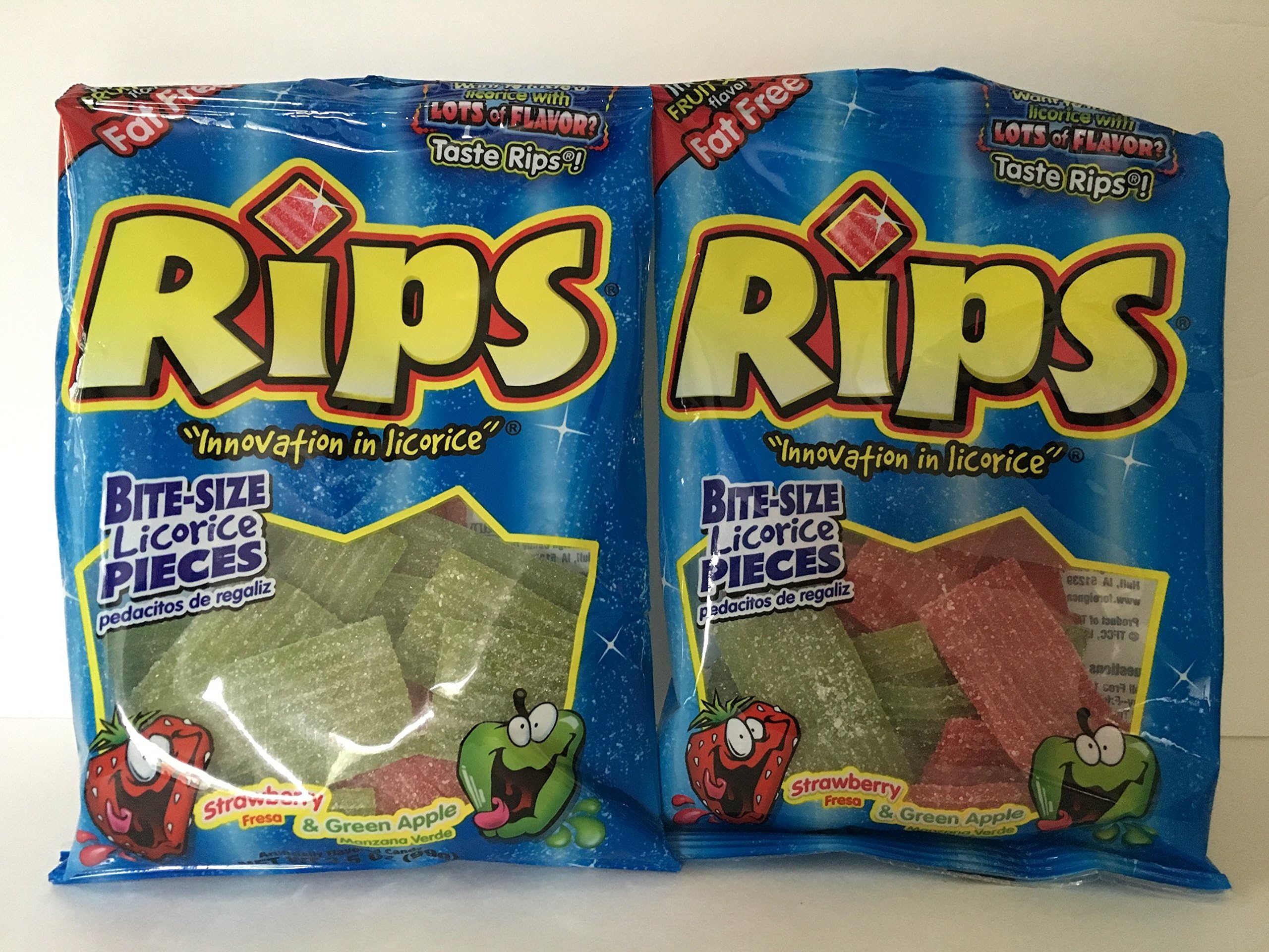 Rips Bite-Size Licorice Pieces Straberry and Green Apple 3.5 Oz Bag (2 Pack - 7 Oz Total)
