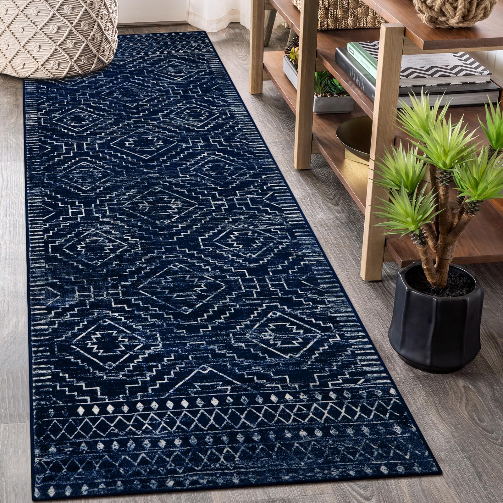 Photo 1 of Wonnitar Washable Runner Rug for Kitchen, 2'6"x8' Moroccan Blue Hallway Carpet Runner, Non-Slip Long Geometric Rustic Entryway Floor Runner Soft Throw Mat for Bedroom Bathroom Closet (Blue,2'6"x8')