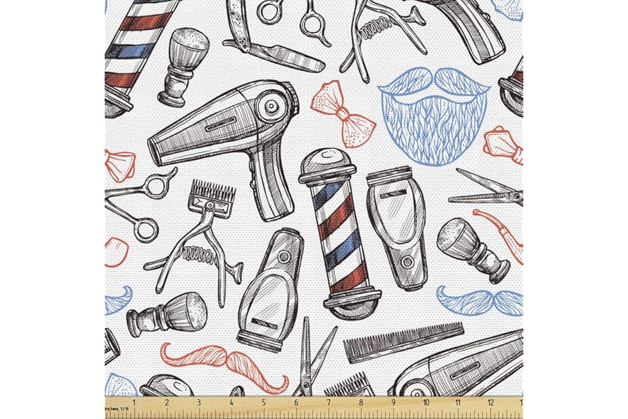 Lunarable Retro Fabric by The Yard, Barber Shop Accessories Monochrome Doodle Style Composition and Beard with Mustache, Decorative Fabric for Upholstery and Home Accents, 1 Yard, Blue Red