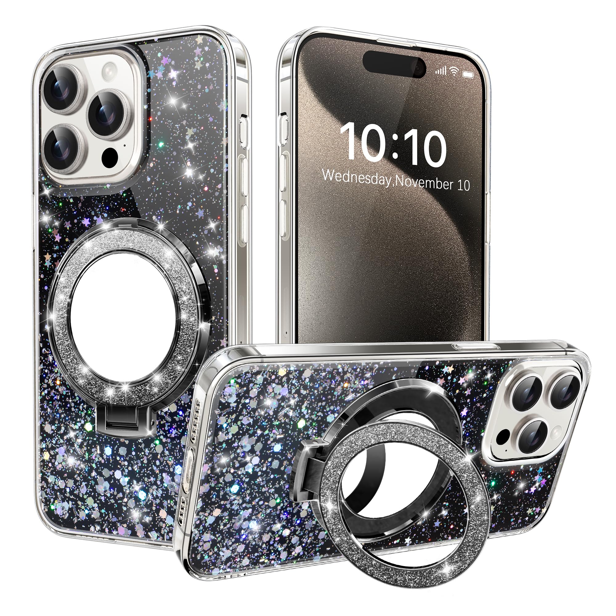 QIWEIQING Glitter Case Compatible with iPhone 13 Pro Max with Makeup Mirror Holder, Sparkle Transparent Bling Shell Shockproof Soft TPU Silicone Bumper Cover for iPhone 13 Pro Max. Black DJM