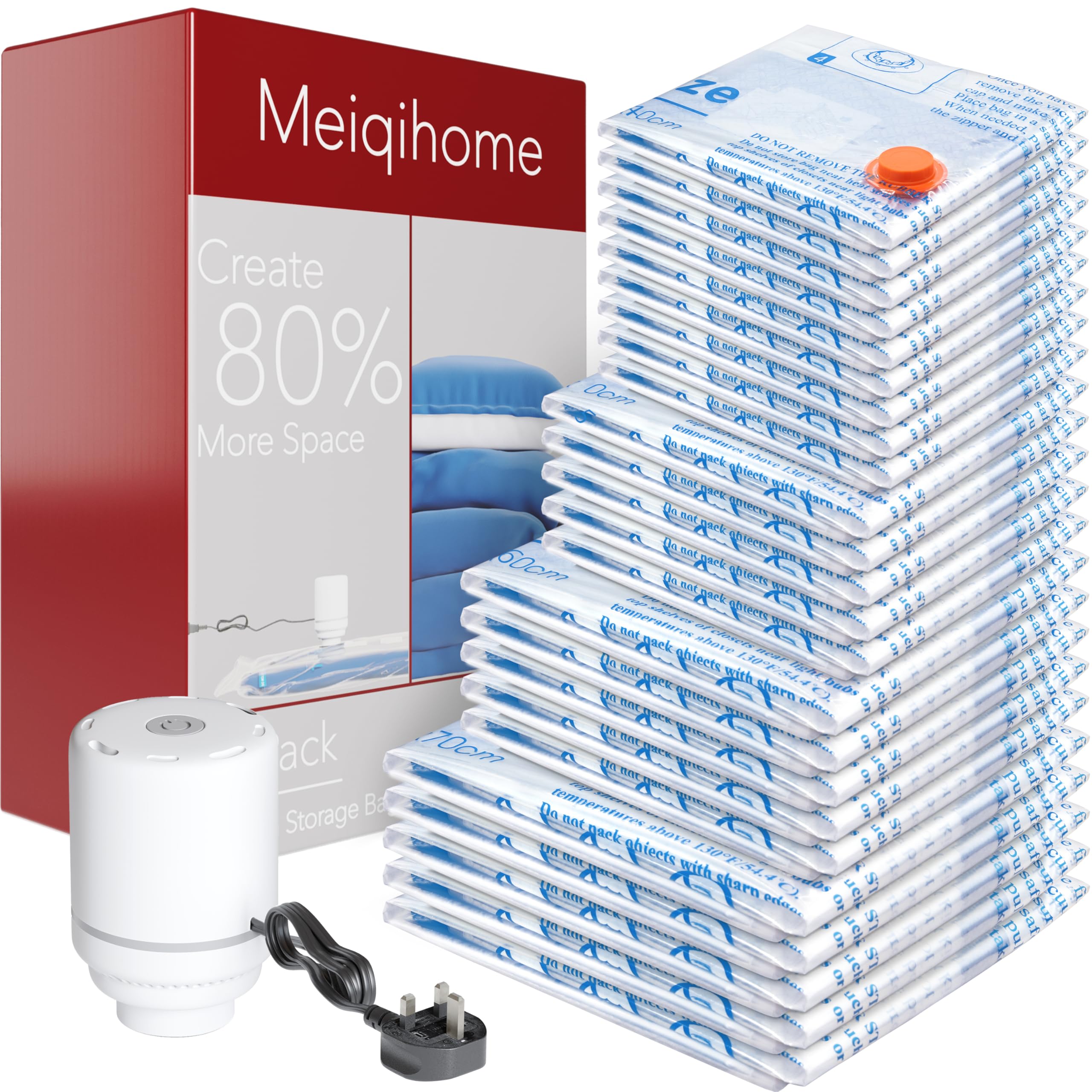 24 Pack Vacuum Storage Bags with Electric Air Pump,5 jumbo, 5 large, 5 midium, 5 small and 4 roll bags, Airtight Compression Bags for Clothes, Pillows, Comforters, Blankets, Bedding