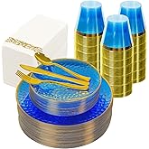 ISFANGCO 175Pcs Blue Disposable Plates, Clear Blue Plastic Plates for 25 Guests, Hammered Party Plate with Gold Rim, Plastic Dinnerware Set for Party Wedding