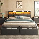 Furnulem King Bed Frame with Wood Headboard & Storage Drawers, Metal Platform Bed Frames King Size with LED Lights, Built in Charging Station, No Box Spring Needed, No Noise, Easy Assembly, Black