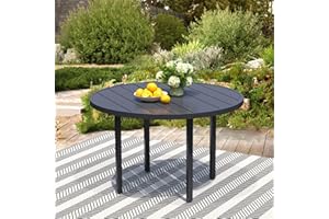 STABRECH 47" Round Patio Table with Umbrella Hole, Metal Outdoor Dining Table for Garden, Backyard and Deck, 6 Person Round Patio Dining Table for Outside, Black