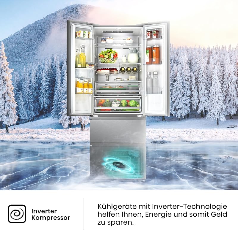 RF632N4WIE French Door Kühl-Gefrierkombination/ NoFrostPlus/ Inverter-Kompressor/ Wasserspender/ CrispZone/ 200 cm/ Kühlteil 336 l/ Gefrierteil 149 l/ 38 dB/ 295 kWh/ Jahr/ Inox-Look