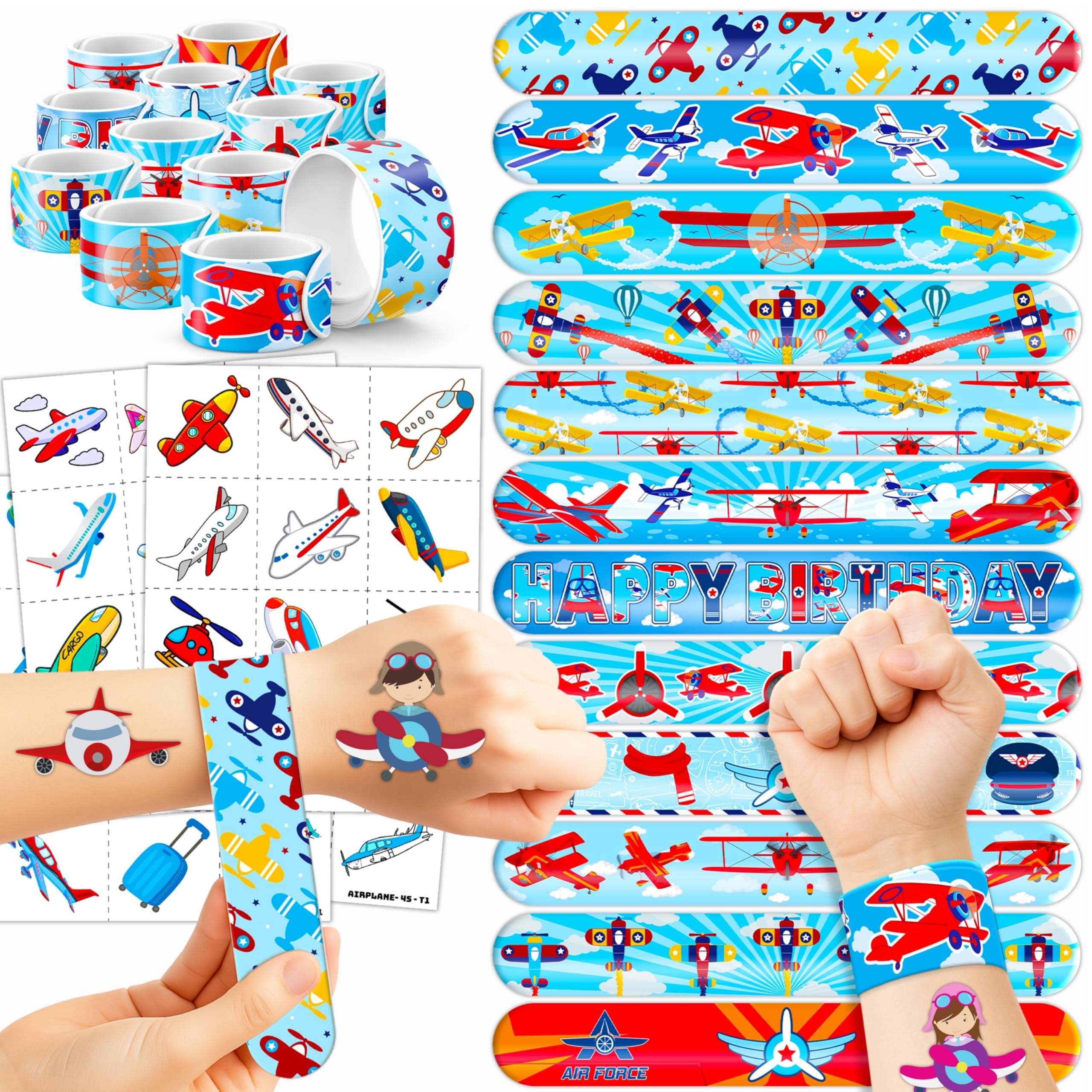 Photo 1 of 72PCS Airplane Party Favors - 48 Pre-cut Temporary Tattoos & 24 Airplane Slap Bracelets - Themed Birthday Party Supplies for Boys & Girls - Perfect Decorations, Gifts, School Prizes, Carnival Rewards