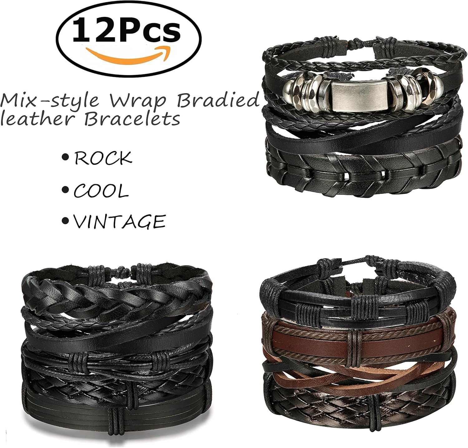 Jstyle 12Pcs Braided Leather Bracelet for Men Women Cuff Wrap Bracelet Wristbands Adjustable: Jewelry