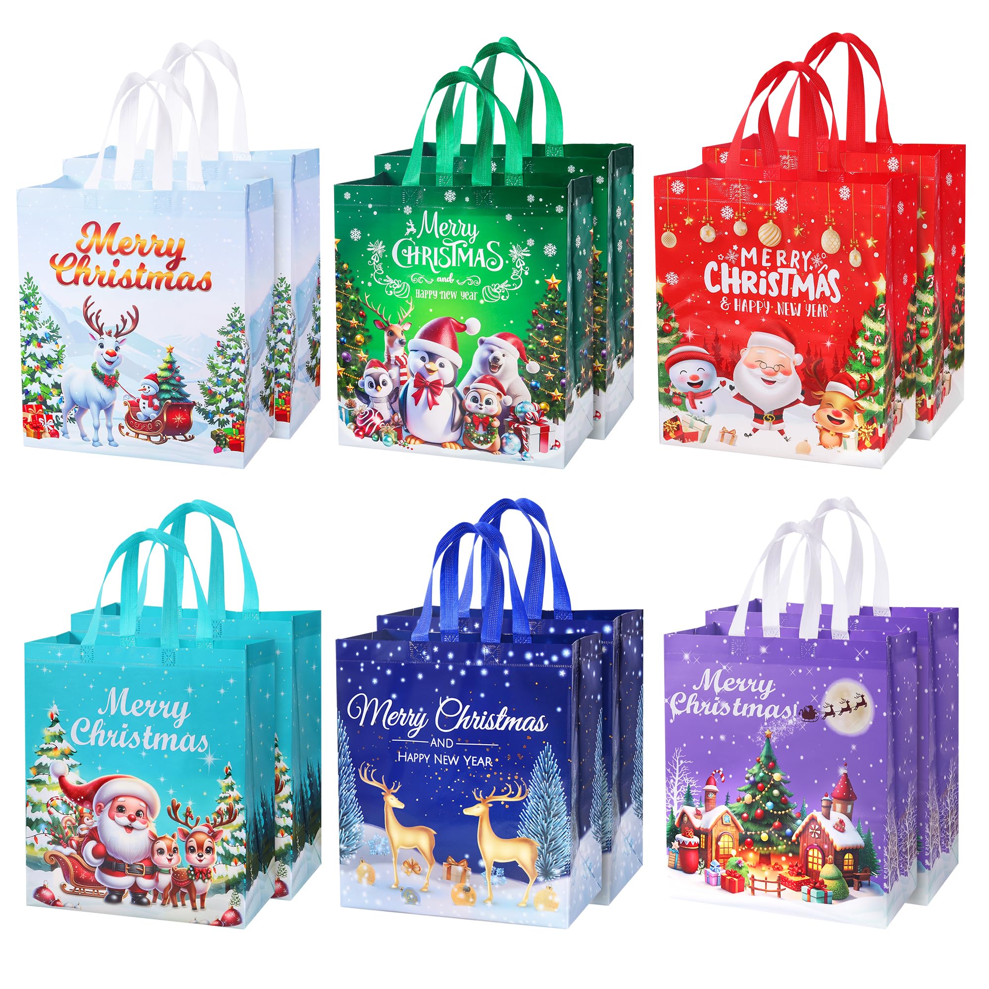 HuiCloud Large Christmas Tote Bags - 12 Pack Reusable Waterproof Non-woven Xmas Gift Bags for Storage, Shopping, Party Decoration