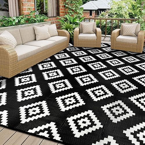 Homcomodar Outdoor Rug for Patio Waterproof 180x270cm Garden Rugs Plastic Straw Rug UV Resistant Camping Mat Patio Rugs for BBQ Picnic Balcony Beach Deck(Black)