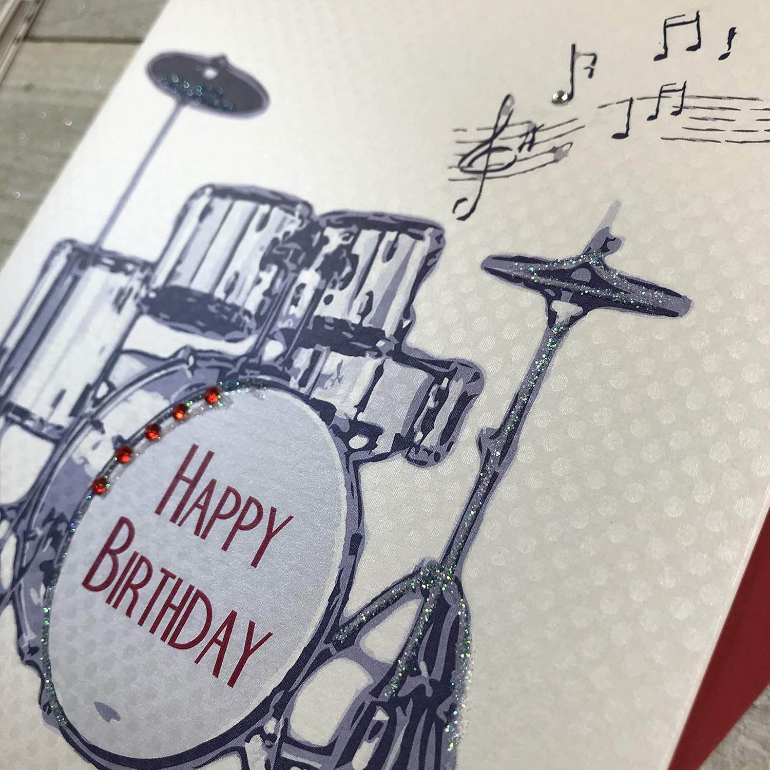 White Cotton Cards"Drums Happy Birthday" Handmade Birthday Card, SB53,grey,16cm x 16cm - Image 4