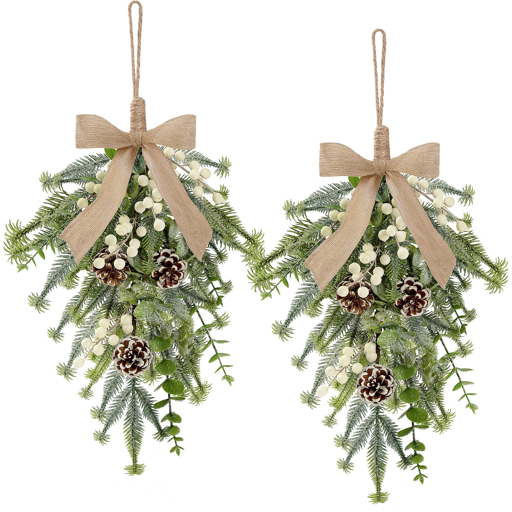 Photo 1 of 2Pcs Christmas Teardrop Swags Christmas Decorations Artificial Greenery Hanging with Pine Needles White Berries Pinecones for Front Door Winter Farmhouse Wall Window Indoor Outdoor Home Xmas Decor