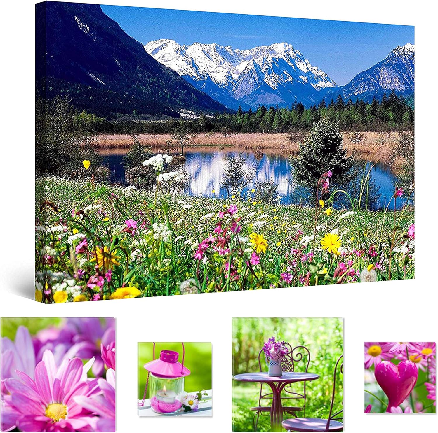 Eco Light Canvas Wall Art Bundle Mesmerizing Mountains In Springtime 80 X 120 Cm And Adorable Pink Collage Set Of 4 Dual View Surprise Artwork Modern Framed Wall Art For Living Room