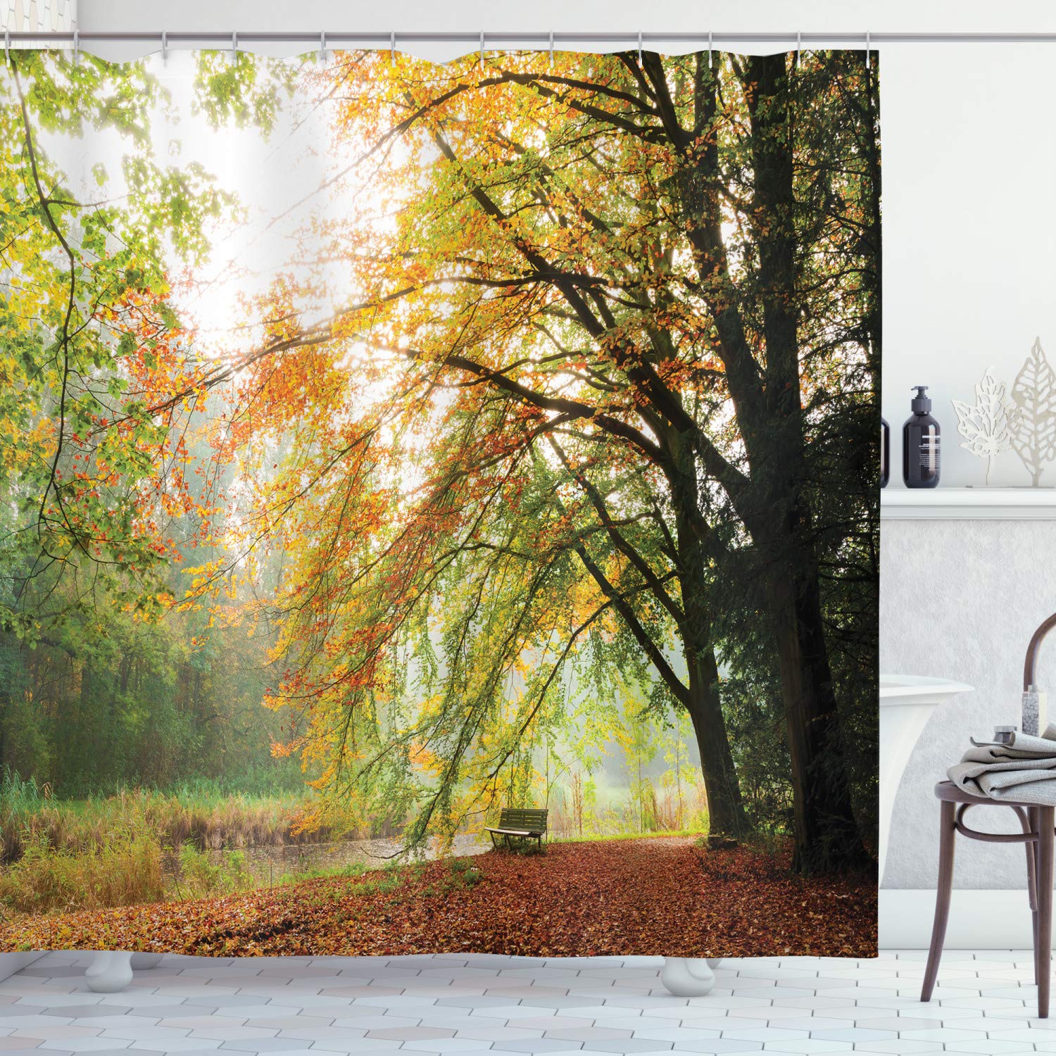 ABAKUHAUS Forest Shower Curtain, Autumn View in a Forest with Faded Color Leaves European Northern Dutch Fall Image, Cloth Fabric Bathroom Decor Set with Hooks, 70 Inches, Orange Green — image 1