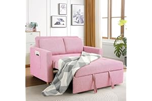 SEJOV Sleeper Sofa Bed, 3-in-1 Multifuncational Sofa Chair, Linen Fabric Pull Out Couch Bed, Loveseat Sleeper with 2 Pillows and Adjustable Backrest, 2 Seater Recliner Chair for Small Space, Pink
