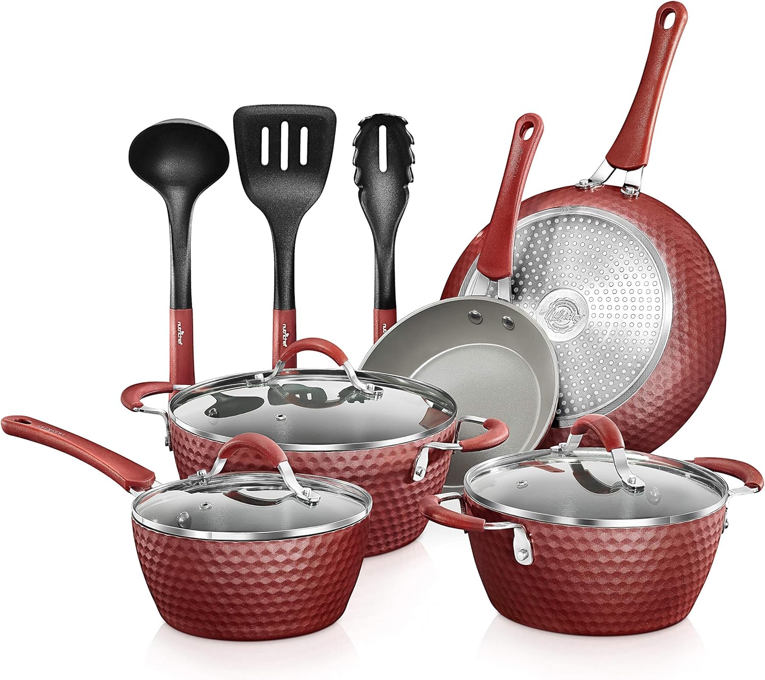 NutriChef Nonstick Cookware Excilon Home Kitchen Ware Pots & Pan Set with Saucepan Frying Pans, Cooking Pots, Lids, Utensil PTFE/PFOA/PFOS Free, 11 Pc, ocs, Red Diamond
