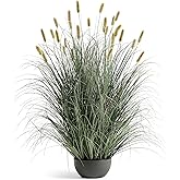 FloraFairy 4ft Onion Grass, Artificial Plant and Greenery, Fake Floor Plants Indoor Outdoor, Potted Faux Green Bristlegrass with Yellow Spikes, Large Size Horsetail Reed Grass, House Decorative