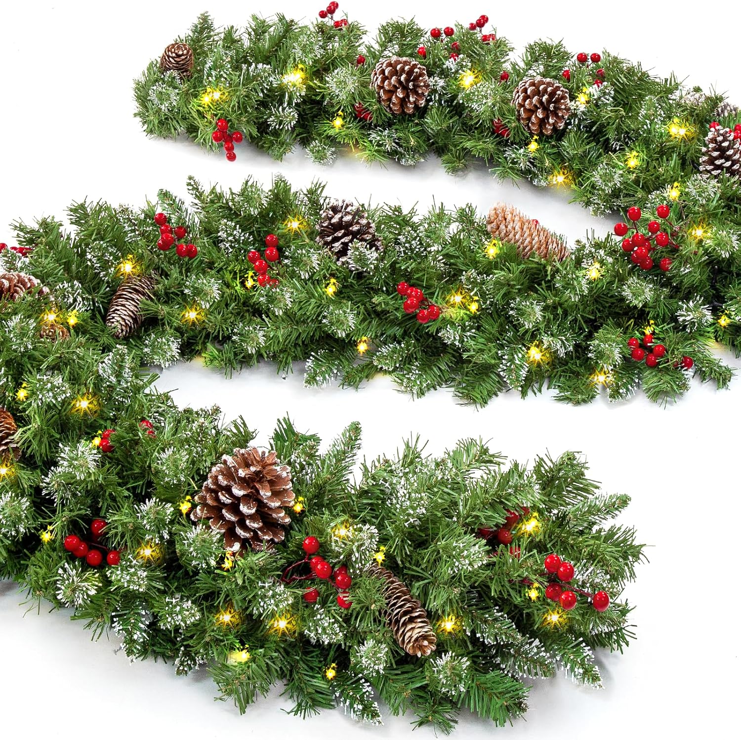 Wreaths, Garlands & Swags - 9 FT Prelit Christmas Garland with 100 LED Lights, 8 Modes 3AA Battery Operated Garland Pinecones Christmas Decoration with Timing Function for Home Fireplace Front Porch Door Display Indoor Outdoor