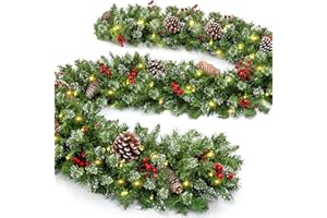 TIGEJOY 9 FT Prelit Christmas Garland with 100 LED Lights, 8 Modes 3AA Battery Operated Garland Pinecones Christmas Decoration with Timing Function for Home Fireplace Front Porch Door Display Indoor Outdoor