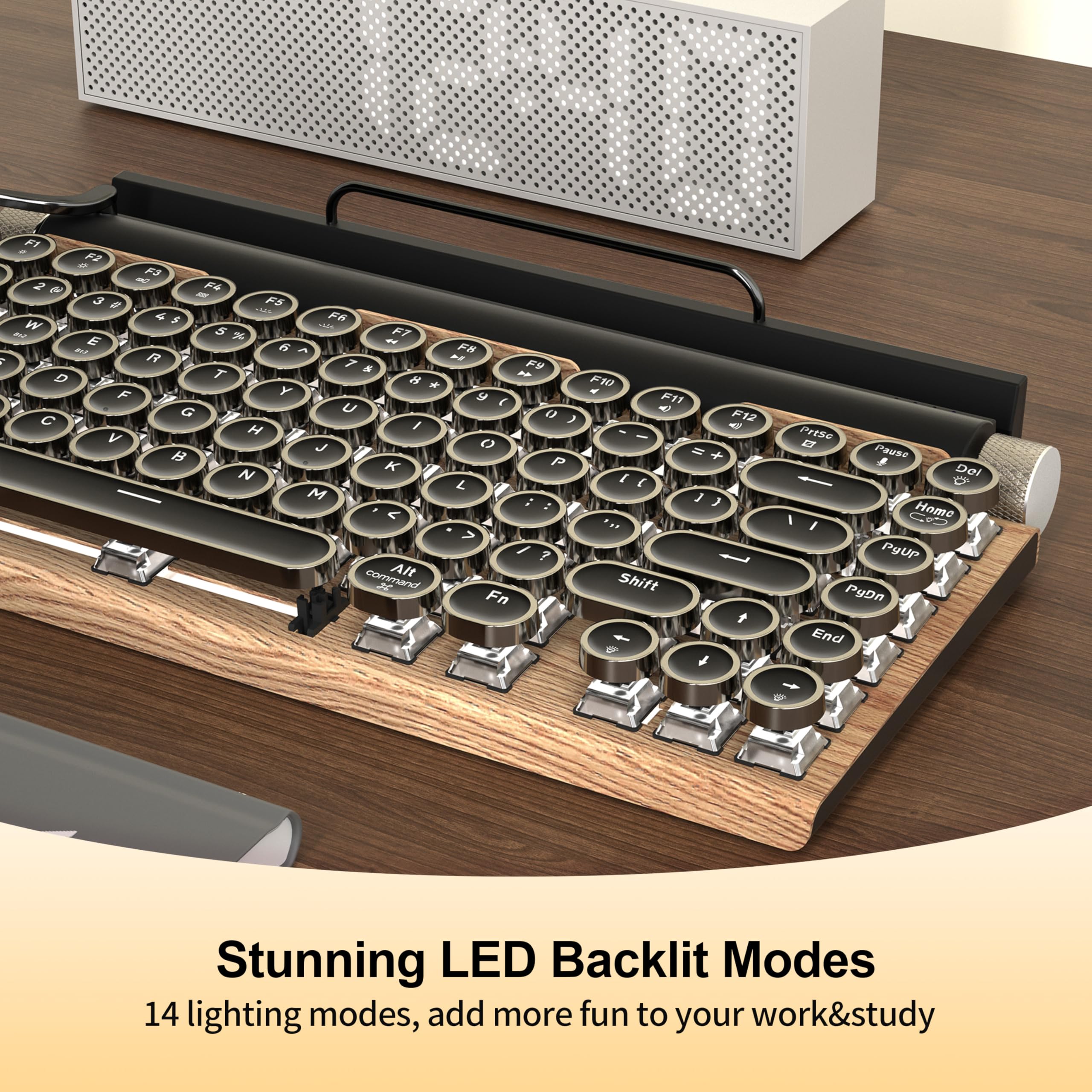 Retro Typewriter Wireless Mechanical Gaming Keyboard, Bluetooth 5.0 Office Computer Vintage Keyboards 83-Key Blue Switches Punk Round Keycap, LED Backlight, Compatible with PC/Laptop/Pad/Phone, Wood