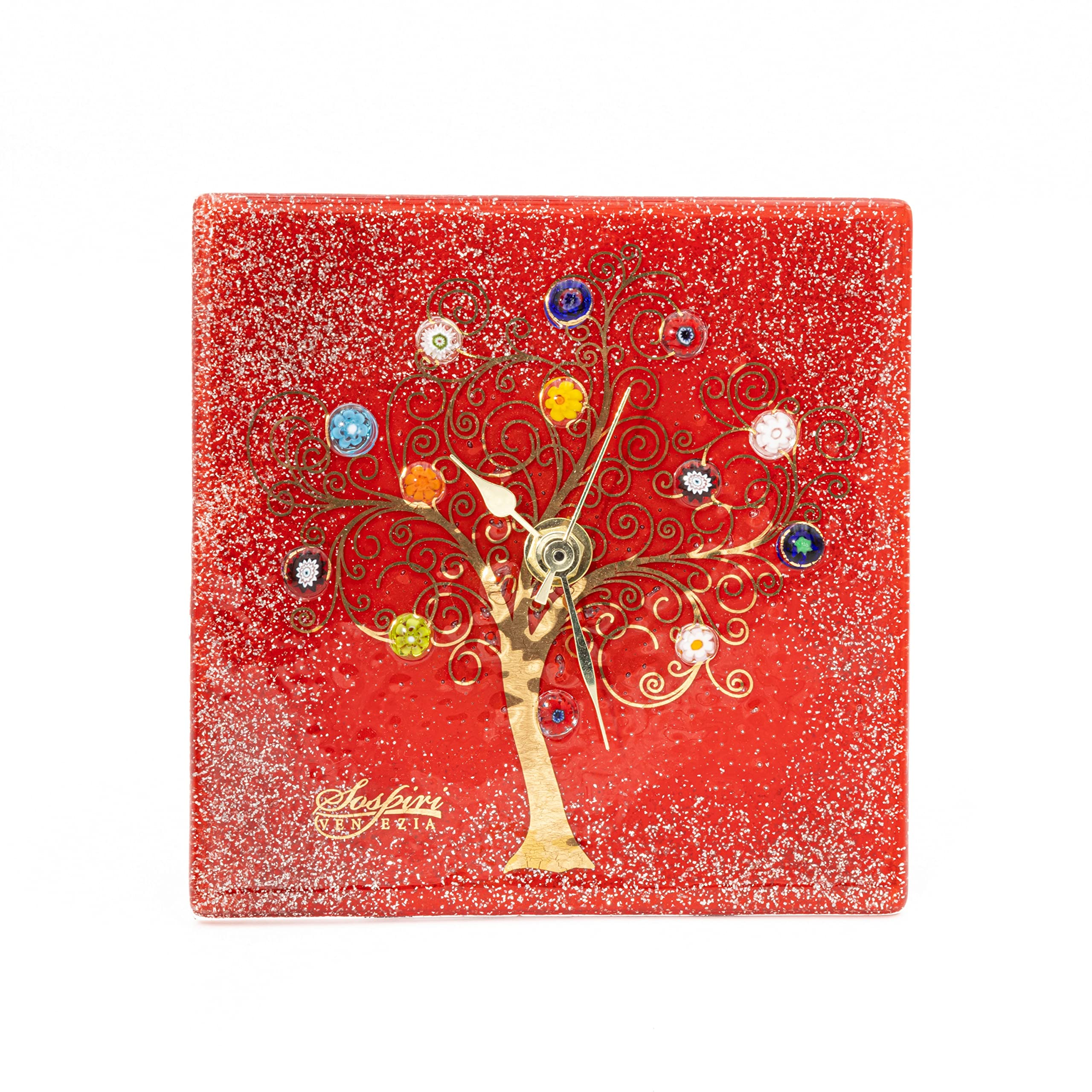 Sospiri Venezia Table Clock Murano Glass Silent Mechanism Decorated with Murrines and Gold Leaf Gift Handmade Made in Italy (14x14)