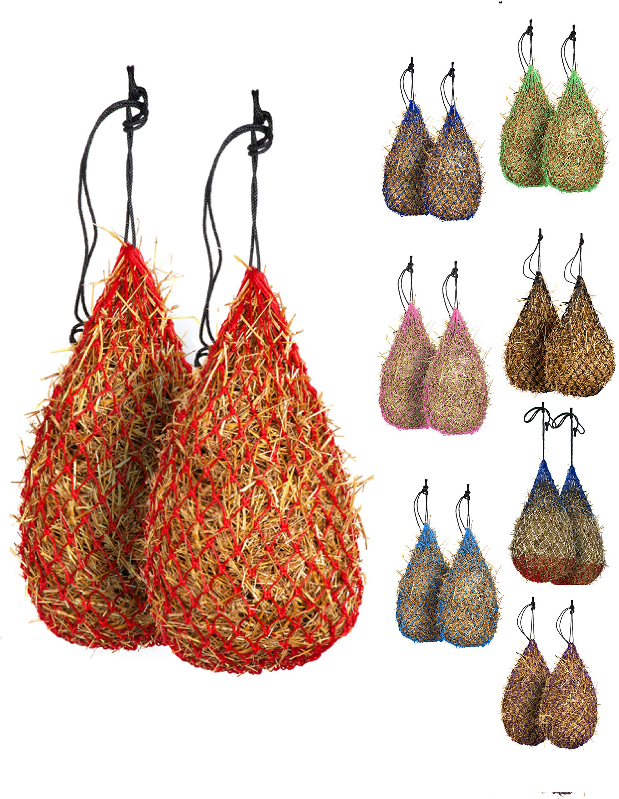 Majestic Ally 2 pcs Slow Feed 42” Hay Net for Horses, Strong Small 2x2” Holes, Nylon Rope Hanging, Adjustable Travel Feeder for Trailer and Stall, Simulates Grazing, Reduce Waste (Red) — image 1