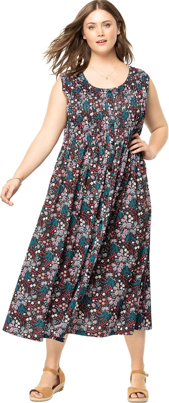 Woman Within Women's Plus Size Pintucked Floral Sleeveless