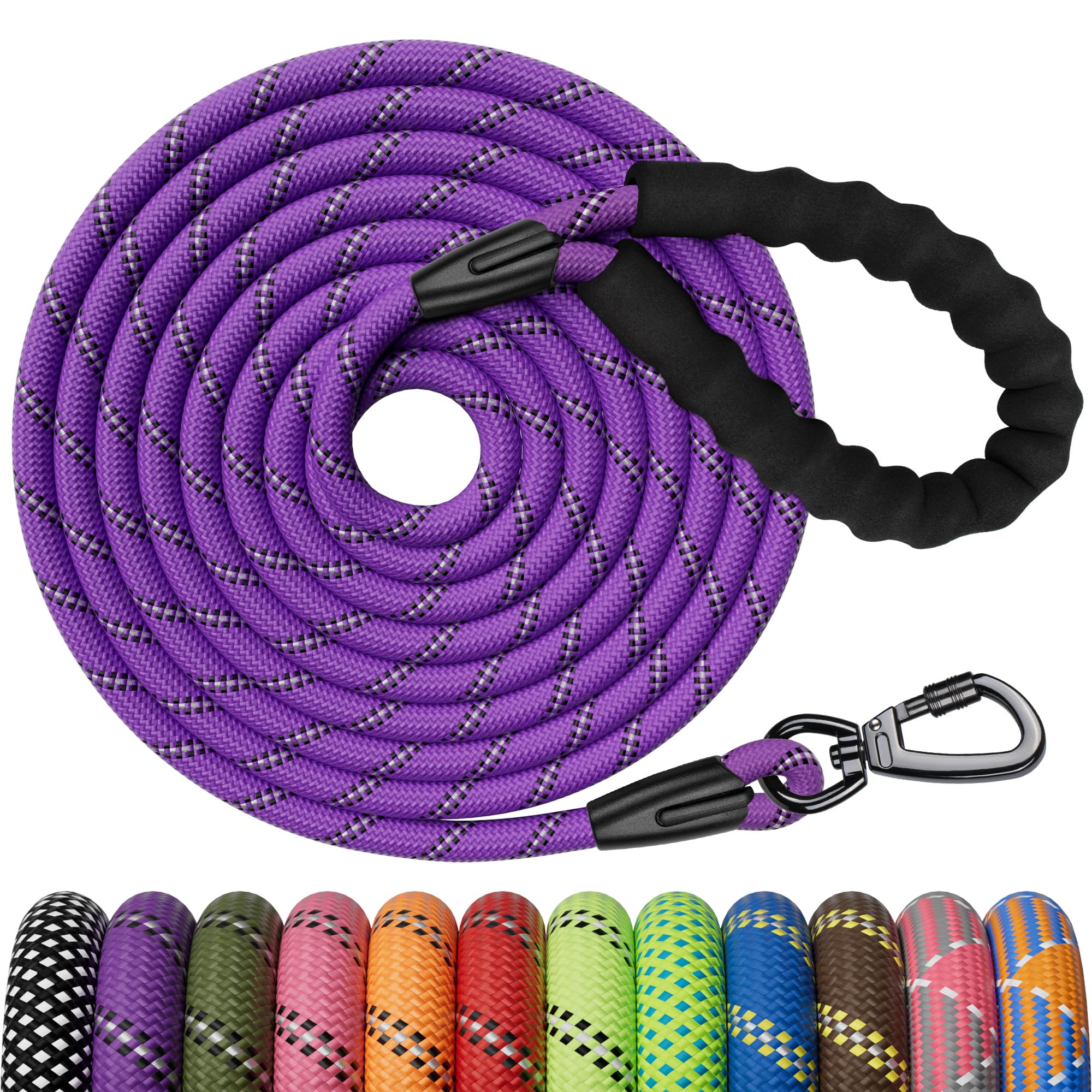 Kdsvakd Training Lead for Dogs, 5m / 16ft Rope Dog Lead with Carabiner Clip and Padded Handle, Reflective Recall Puppy Leash for Puppy, Small, Medium, Large Dog, Purple