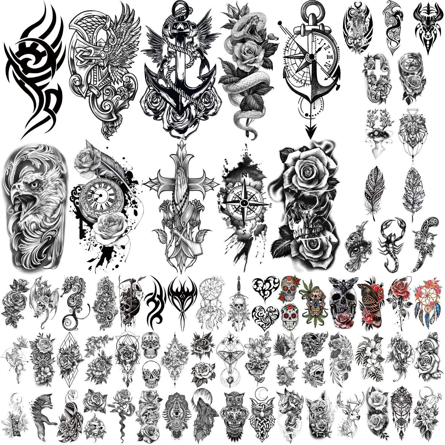 Yazhiji 70sheets Waterproof Temporary Tattoo for Girls or Boys Kids 10sheets Larger Half Arm Rose Snake Clock Fake Tattoos for Men or Women And 60 sheets Tiny Bird Flower Owl Deer Tattoo Sticker