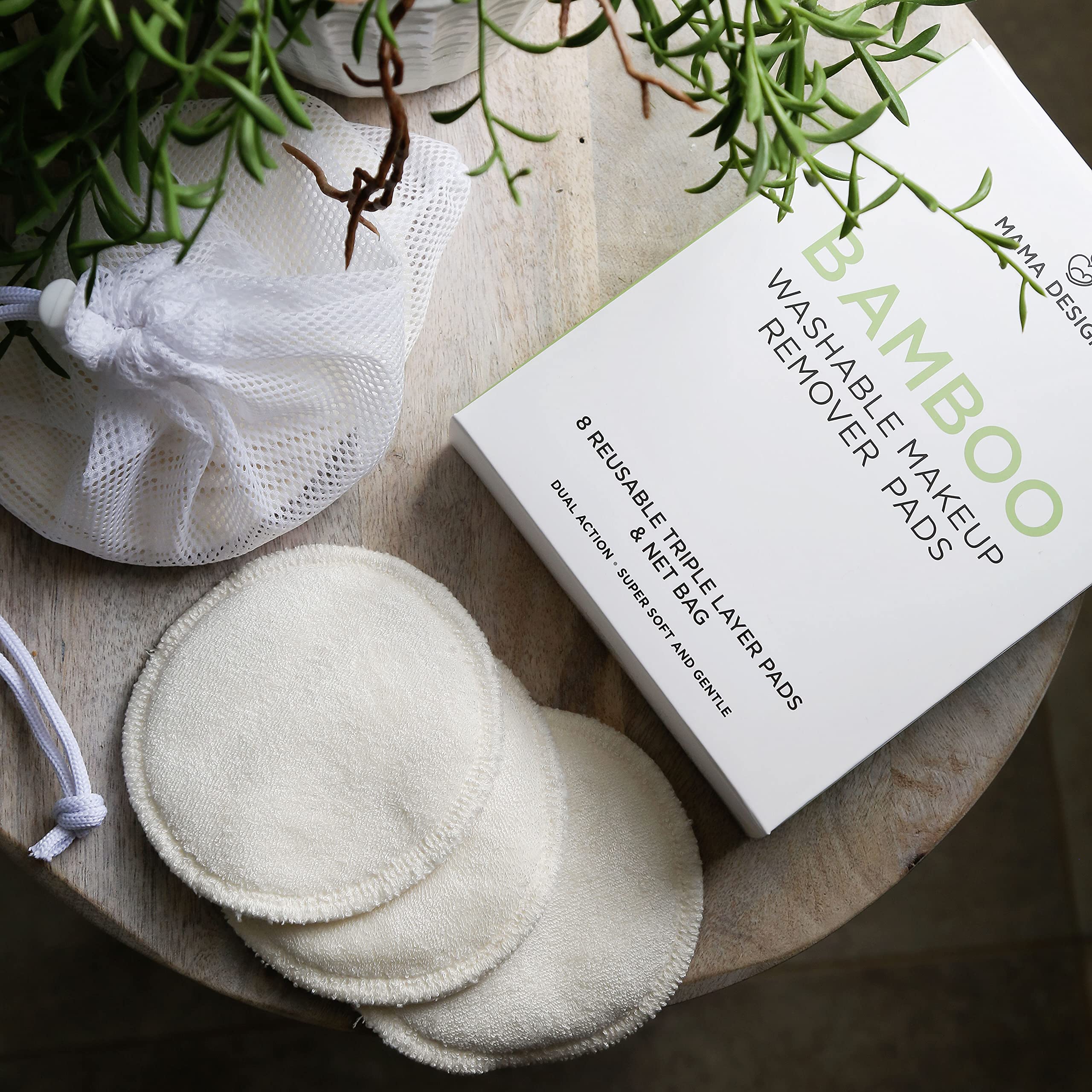 Mama Designs XL Reusable Makeup Remover Pads, 8 Triple-Layer Eco Friendly Bamboo Rounds with Washable Net Laundry Bag - Super Soft Facial Cleansing Wipes for All Skin Types