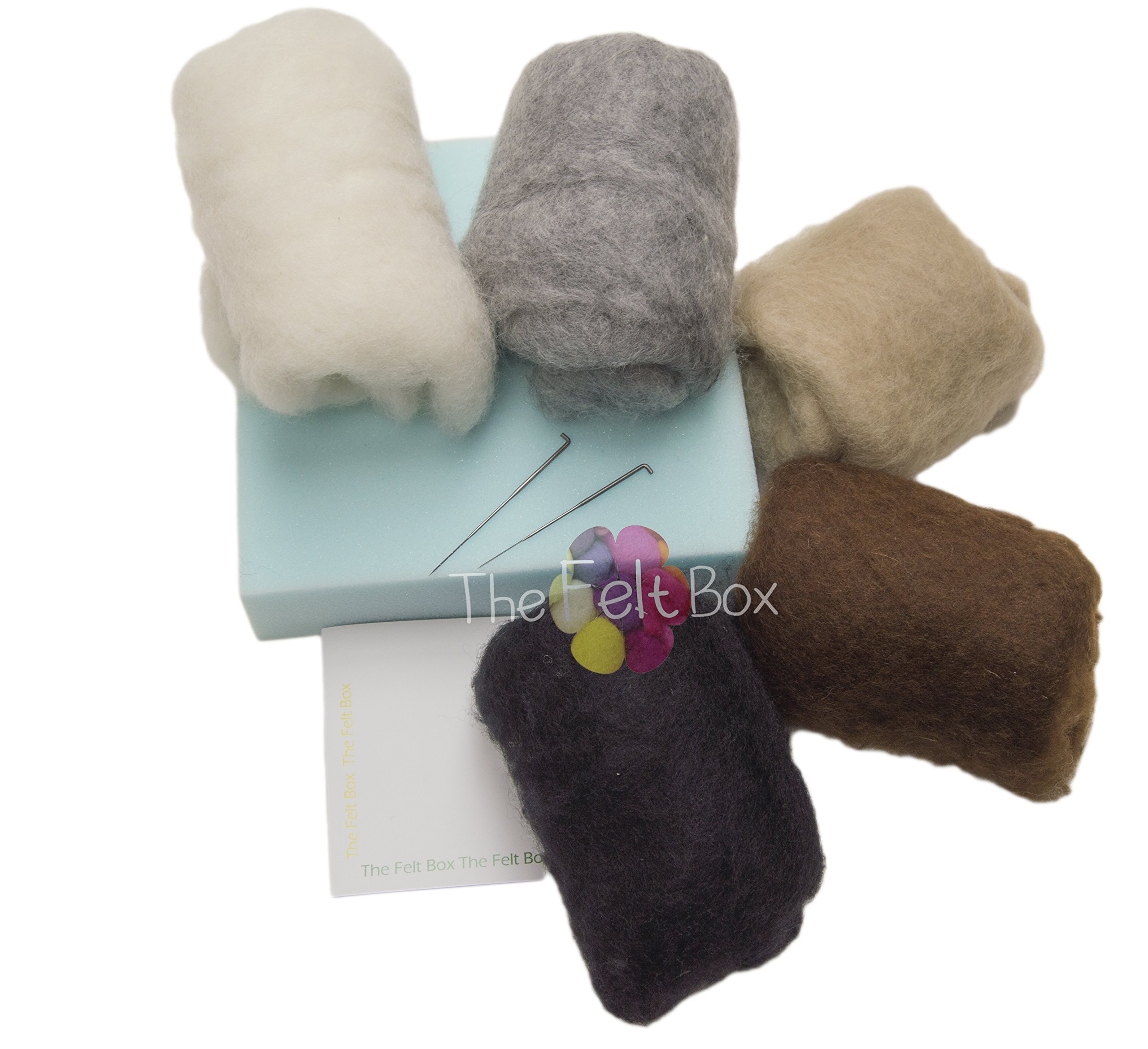 The Felt Box Needle Felting Starter Kit Small: 5 Colours Wool (100g), Needles, Mat, Instructions. Carded Needle Felting Wool, Wool Batt for Felting (Grey Brown)