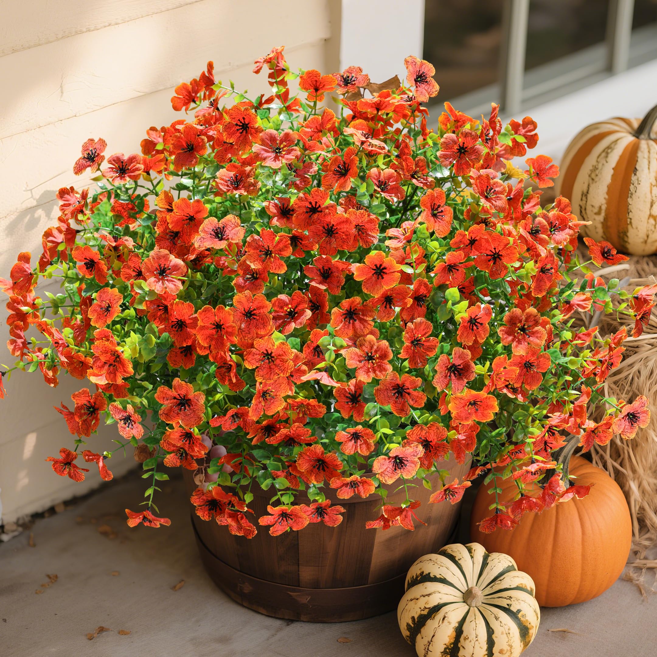 Photo 1 of florisso Artificial Fake Fall Mums Flowers Plants for Outdoor Outside Decoration, 12 Bundles Faux Silk Orange Daisy UV Resistant Look Real for Autumn Front Door Porch Planter Patio Garden Home
