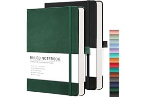 RETTACY Lined Journal Notebook, 2-Pack, 192 Numbered Pages per Pack, A5 Medium Size (5.7'' x 8.3''), for Men & Women, Writing, Work, Leather Hardcover, 100 GSM Thick Paper (Black & Dark Green)