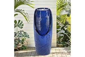 Autodaya 33" Tall Outdoor Garden Fountain with LED Lights, Modern Ceramic Jar Water Fountain, 3D Tropical Leaf Pattern, Cobalt Blue Glaze, Soothing Cascading Waterfall for Relaxing Patio, Yard, Porch