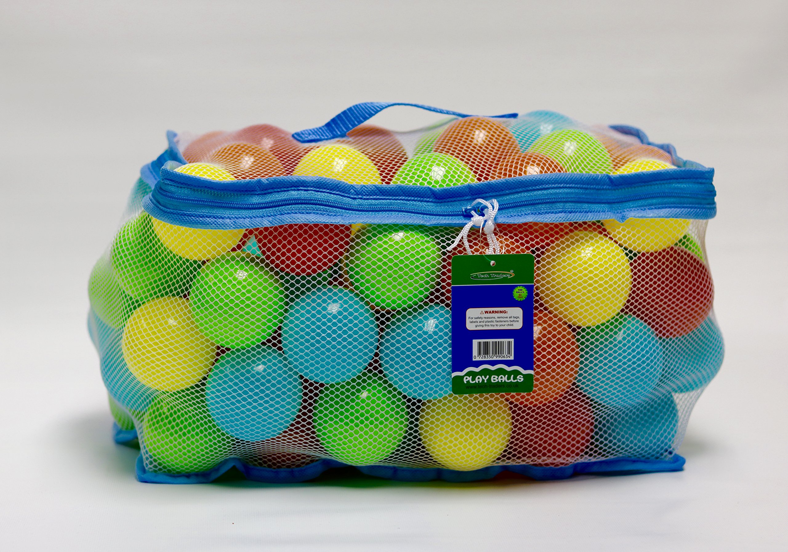 Tech Traders 100 Multi Coloured Play Balls, Soft Balls with Smooth Surface, Meet all Safety Standards, Easy Mesh Storage Bag