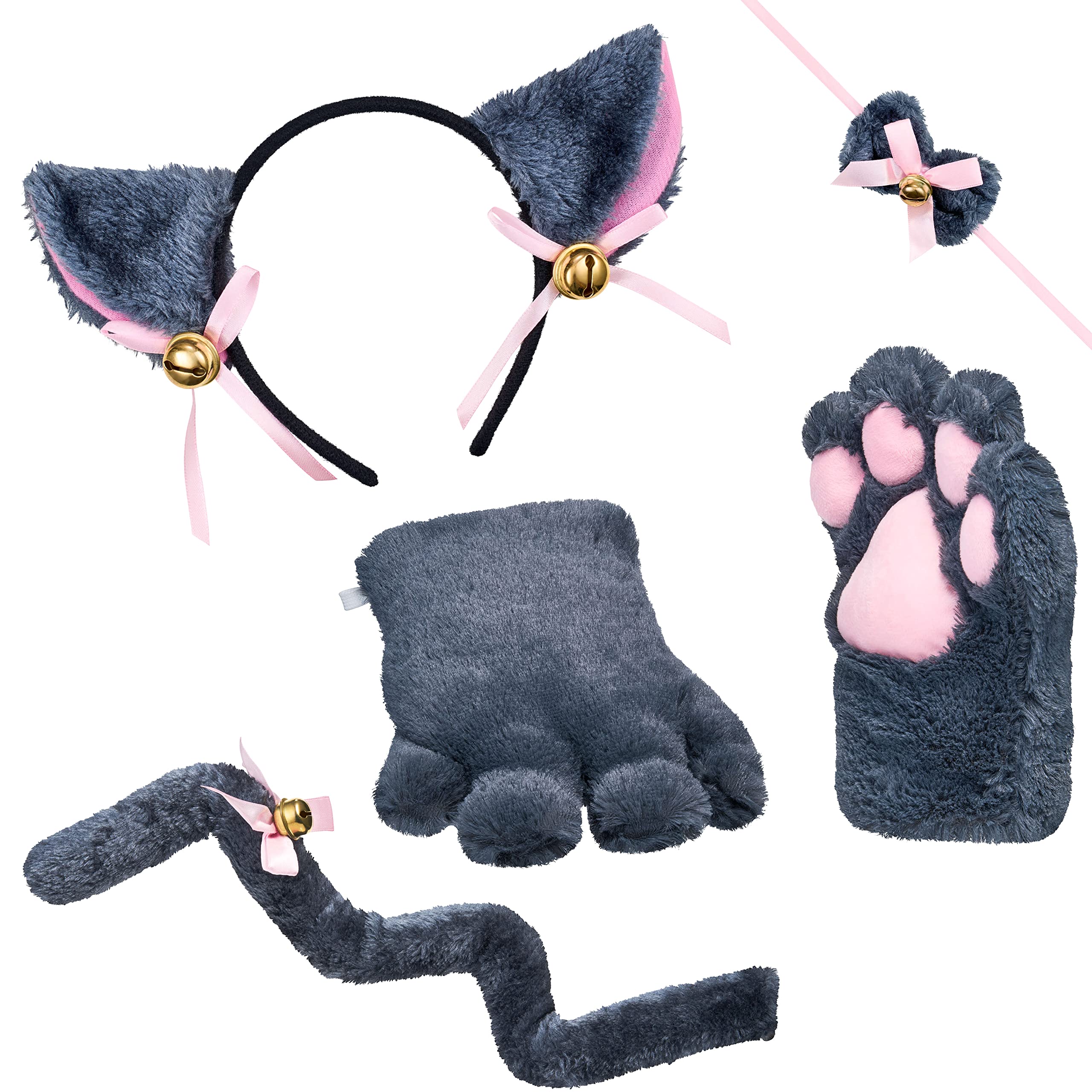 Balinco Cat Costume Set, Cat Ears Hairband + Plush Paws + Bow Tie + Cat Tail, Animal Dress, Anime, Cosplay Party, Halloween, Carnival (Grey)