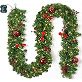 Brightown 9FT Christmas Garland with Lights, Battery Operated Prelit Garland with Pinecones, Berries, Bows, Ornaments, 100 LED White Lights, 8 Modes, Timer, for Mantle, Stairs, Fireplace, Door, Fence
