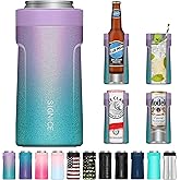 3 In 1 Insulated Universal Can Cooler - Signice Double Walled Vacuum Insulator Stainless Steel Slim Can Cooler for 12 Oz Skinny Tall Standard Regular Can Beer Bottle (Glitter Purple Blue)
