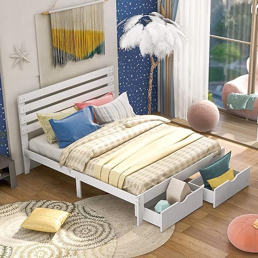 Platform Bed with a UnderBed Storage Drawer, Solid Wood